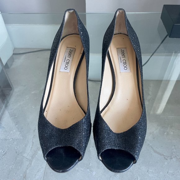 Jimmy Choo Black Sparkly Peep Toe Kitten Heel | Size 40.5 - Picture 7 of 7